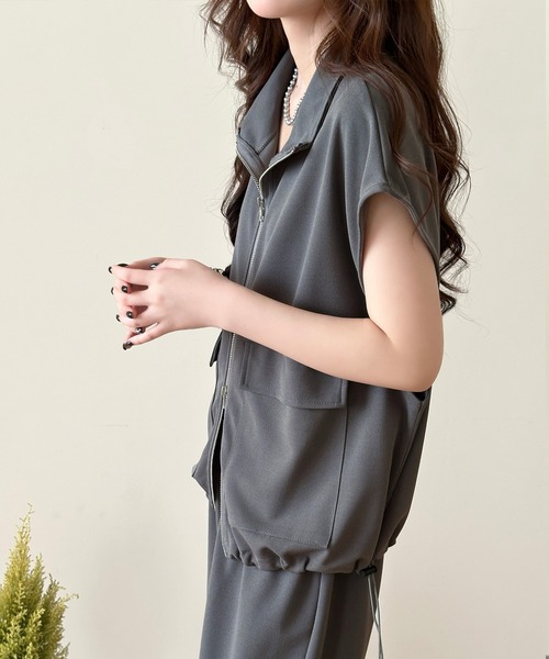 DAY CLOSET(デイ クローゼット)の「【セットアップ/2WAYスタンドネック×オープンカラー】半袖 きれいめ ダブルジップ ドロスト トップス+ロングパンツ 上下2点セット レディース(セットアップ・レディース・ダークグレー/ブラック/グレイッシュベージュ・L/M)」の13枚目の写真