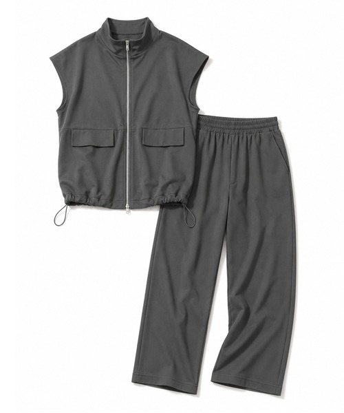 DAY CLOSET(デイ クローゼット)の「【セットアップ/2WAYスタンドネック×オープンカラー】半袖 きれいめ ダブルジップ ドロスト トップス+ロングパンツ 上下2点セット レディース(セットアップ・レディース・ダークグレー/ブラック/グレイッシュベージュ・L/M)」の17枚目の写真