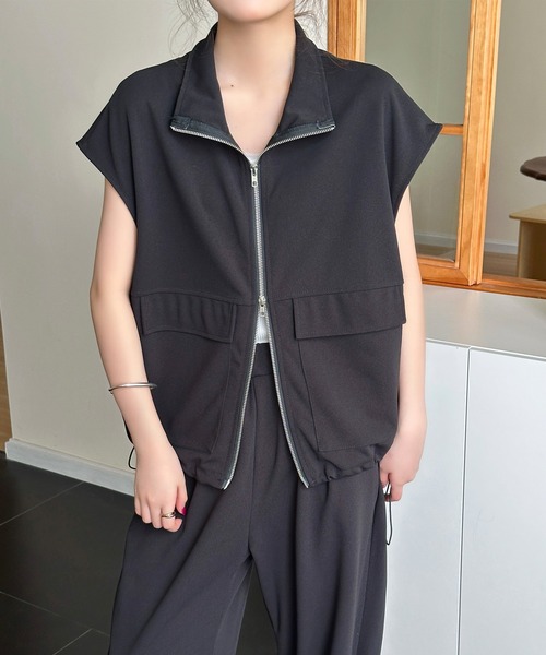 DAY CLOSET(デイ クローゼット)の「【セットアップ/2WAYスタンドネック×オープンカラー】半袖 きれいめ ダブルジップ ドロスト トップス+ロングパンツ 上下2点セット レディース(セットアップ・レディース・ダークグレー/ブラック/グレイッシュベージュ・L/M)」の6枚目の写真