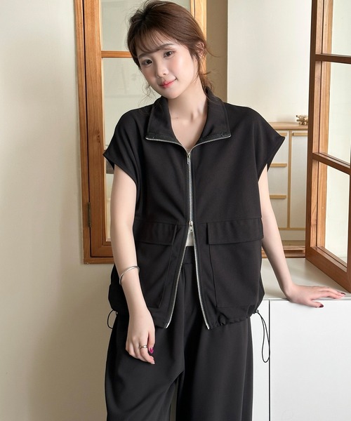 DAY CLOSET(デイ クローゼット)の「【セットアップ/2WAYスタンドネック×オープンカラー】半袖 きれいめ ダブルジップ ドロスト トップス+ロングパンツ 上下2点セット レディース(セットアップ・レディース・ダークグレー/ブラック/グレイッシュベージュ・L/M)」の8枚目の写真