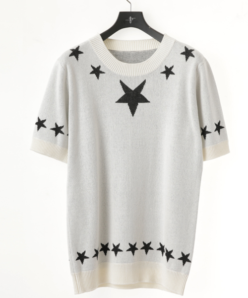 NO ID.（ノーアイディ）の「mn1144-CﾆｯﾄﾍﾟﾝﾀｸﾞﾗﾑJQ半袖ﾌﾟﾙｵｰﾊﾞｰ（ニット/セーター・メンズ・アイボリー/ブラック・2/1）」の4枚目の写真