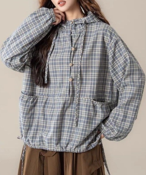 GEMEDA(ジェメダ)の「チェック柄 フード付き ドロストプルオーバー(シャツ/ブラウス・レディース・グレー・M)」の6枚目の写真