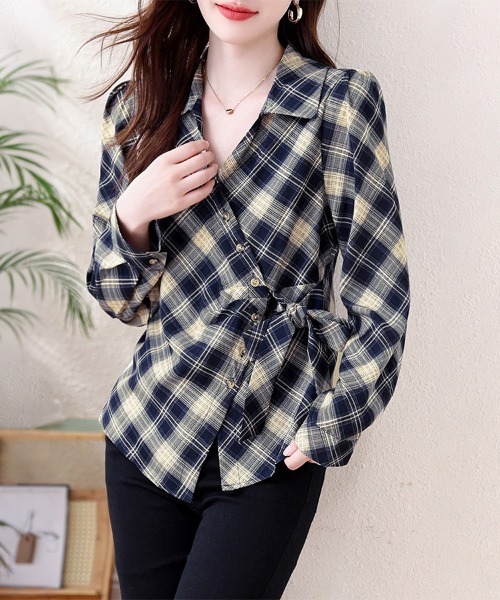 ONEP STAR(ワンピスター)の「チェック柄カシュクール風リボンシャツ(シャツ/ブラウス・レディース・ダークブルー/ダークブラウン・LARGE/X-LARGE)」の6枚目の写真
