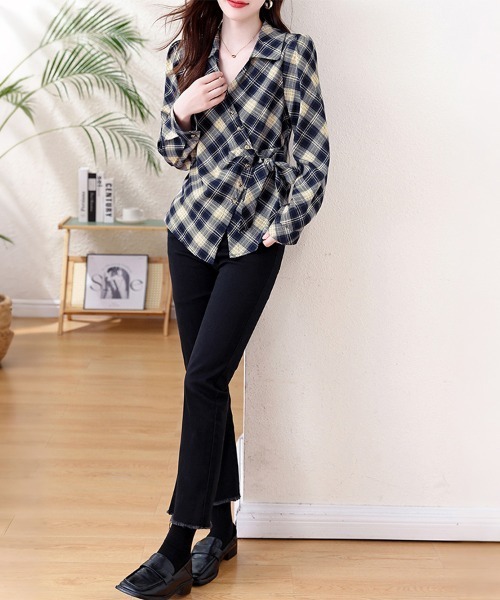 ONEP STAR(ワンピスター)の「チェック柄カシュクール風リボンシャツ(シャツ/ブラウス・レディース・ダークブルー/ダークブラウン・LARGE/X-LARGE)」の10枚目の写真