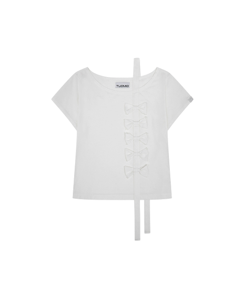 TUOMIO（トゥオミオ）の「RIBBON OFF SHOULDER T-SHIRT [WHITE]（Tシャツ/カットソー・レディース・その他・1/2）」の2枚目の写真
