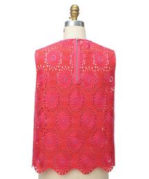 Drawer - ドゥロワー エンブロイダリーノースリーブ ブラウス 刺繍 36 赤 ピンク Drawer - ドゥロワー エンブロイダリーノースリーブ ブラウス