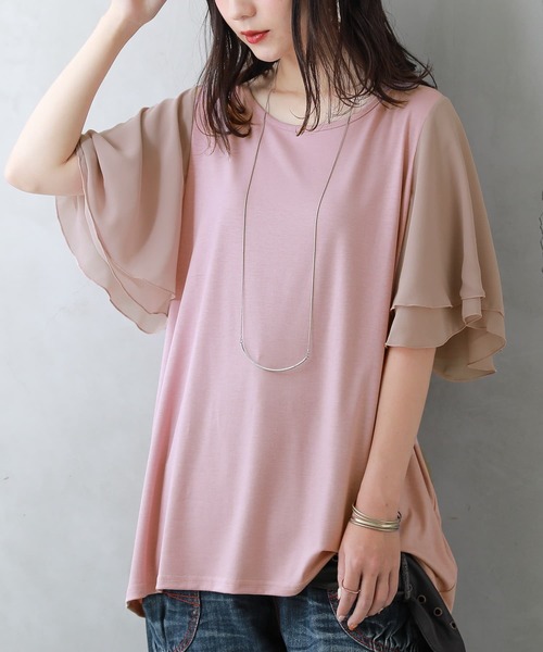 osharewalker（オシャレウォーカー）の「『フレアスリーブデザインTシャツ』（Tシャツ/カットソー・レディース・ネイビー/チャコールグレー/ブラック/グレイッシュベージュ/オリーブ/ホワイト/ブラウン/アクア/ピンク/ブルーグリーン/レッド/モカ/ブラック系その他/グレー/イエロー/グレイッシュブルー/オレンジ・1/2）」の15枚目の写真