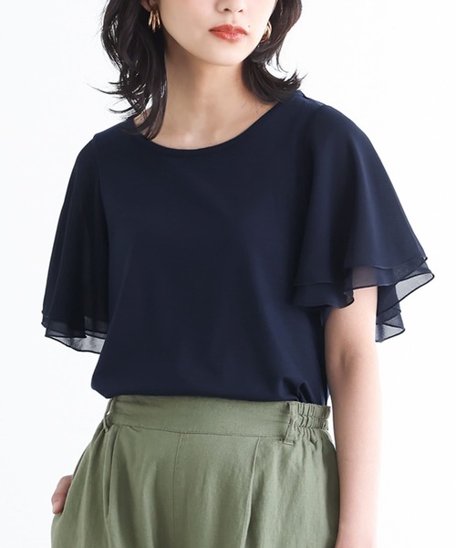 osharewalker（オシャレウォーカー）の「『フレアスリーブデザインTシャツ』（Tシャツ/カットソー・レディース・ネイビー/チャコールグレー/ブラック/グレイッシュベージュ/オリーブ/ホワイト/ブラウン/アクア/ピンク/ブルーグリーン/レッド/モカ/ブラック系その他/グレー/イエロー/グレイッシュブルー/オレンジ・1/2）」の10枚目の写真