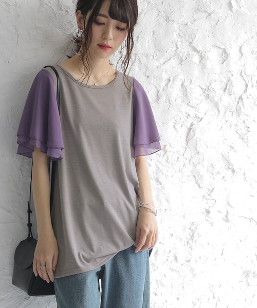 osharewalker（オシャレウォーカー）の「『フレアスリーブデザインTシャツ』（Tシャツ/カットソー・レディース・ネイビー/チャコールグレー/ブラック/グレイッシュベージュ/オリーブ/ホワイト/ブラウン/アクア/ピンク/ブルーグリーン/レッド/モカ/ブラック系その他/グレー/イエロー/グレイッシュブルー/オレンジ・1/2）」の6枚目の写真