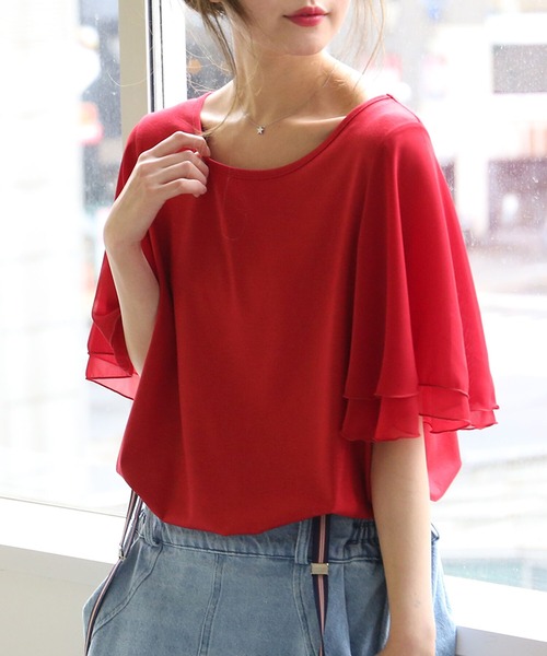 osharewalker（オシャレウォーカー）の「『フレアスリーブデザインTシャツ』（Tシャツ/カットソー・レディース・ネイビー/チャコールグレー/ブラック/グレイッシュベージュ/オリーブ/ホワイト/ブラウン/アクア/ピンク/ブルーグリーン/レッド/モカ/ブラック系その他/グレー/イエロー/グレイッシュブルー/オレンジ・1/2）」の16枚目の写真