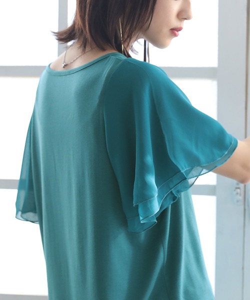 osharewalker（オシャレウォーカー）の「『フレアスリーブデザインTシャツ』（Tシャツ/カットソー・レディース・ネイビー/チャコールグレー/ブラック/グレイッシュベージュ/オリーブ/ホワイト/ブラウン/アクア/ピンク/ブルーグリーン/レッド/モカ/ブラック系その他/グレー/イエロー/グレイッシュブルー/オレンジ・1/2）」の11枚目の写真