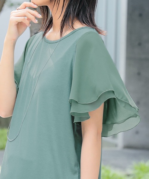 osharewalker（オシャレウォーカー）の「『フレアスリーブデザインTシャツ』（Tシャツ/カットソー・レディース・ネイビー/チャコールグレー/ブラック/グレイッシュベージュ/オリーブ/ホワイト/ブラウン/アクア/ピンク/ブルーグリーン/レッド/モカ/ブラック系その他/グレー/イエロー/グレイッシュブルー/オレンジ・1/2）」の13枚目の写真