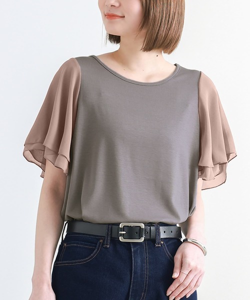 osharewalker（オシャレウォーカー）の「『フレアスリーブデザインTシャツ』（Tシャツ/カットソー・レディース・ネイビー/チャコールグレー/ブラック/グレイッシュベージュ/オリーブ/ホワイト/ブラウン/アクア/ピンク/ブルーグリーン/レッド/モカ/ブラック系その他/グレー/イエロー/グレイッシュブルー/オレンジ・1/2）」の8枚目の写真