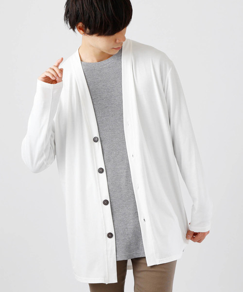 MONO-MART（モノマート）の「T/R 裾ラウンドミドルロング丈 ストレッチ カーディガン（カーディガン/ボレロ・メンズ・ブラック/パープル/ネイビー/オフホワイト/グレー系その他/ブラウン系その他/バーガンディー/ヘザーチャコール・FREE）」の2枚目の写真