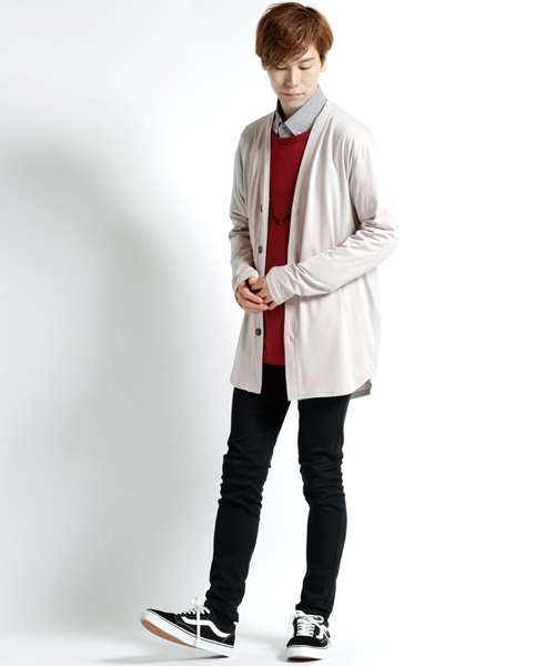 MONO-MART（モノマート）の「T/R 裾ラウンドミドルロング丈 ストレッチ カーディガン（カーディガン/ボレロ・メンズ・ブラック/パープル/ネイビー/オフホワイト/グレー系その他/ブラウン系その他/バーガンディー/ヘザーチャコール・FREE）」の11枚目の写真