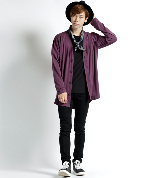 MONO-MART（モノマート）の「T/R 裾ラウンドミドルロング丈 ストレッチ カーディガン（カーディガン/ボレロ・メンズ・ブラック/パープル/ネイビー/オフホワイト/グレー系その他/ブラウン系その他/バーガンディー/ヘザーチャコール・FREE）」の19枚目の写真