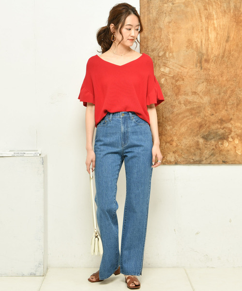 DouDou（ドゥドゥ）の「袖フリルVプルオーバー（ニット/セーター・レディース・ブラック/ベージュ/レッド・FREE）」の19枚目の写真