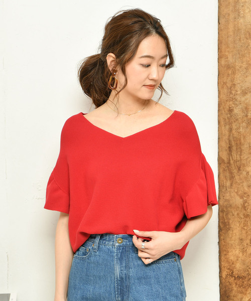 DouDou（ドゥドゥ）の「袖フリルVプルオーバー（ニット/セーター・レディース・ブラック/ベージュ/レッド・FREE）」の22枚目の写真