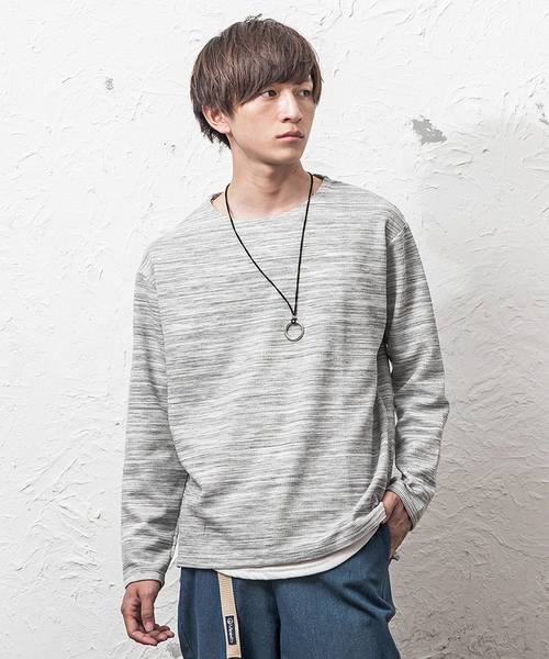 MinoriTY（マイノリティ）の「ワッフルボートネック長袖T（Tシャツ/カットソー・メンズ・ブラック/ベージュ/オフホワイト/カーキ/ピンク/杢グレー・M/L/XL）」の4枚目の写真