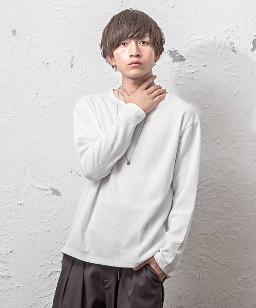 MinoriTY（マイノリティ）の「ワッフルボートネック長袖T（Tシャツ/カットソー・メンズ・ブラック/ベージュ/オフホワイト/カーキ/ピンク/杢グレー・M/L/XL）」の2枚目の写真