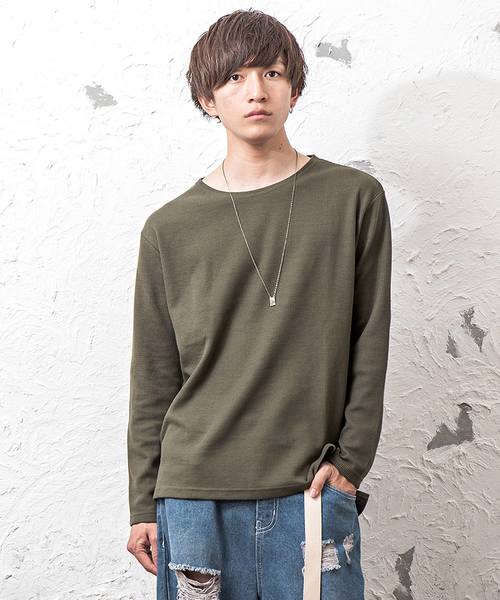 MinoriTY（マイノリティ）の「ワッフルボートネック長袖T（Tシャツ/カットソー・メンズ・ブラック/ベージュ/オフホワイト/カーキ/ピンク/杢グレー・M/L/XL）」の5枚目の写真