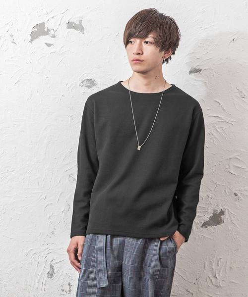 MinoriTY（マイノリティ）の「ワッフルボートネック長袖T（Tシャツ/カットソー・メンズ・ブラック/ベージュ/オフホワイト/カーキ/ピンク/杢グレー・M/L/XL）」の3枚目の写真