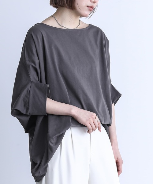 n'OrLABEL(ノアールレーベル)の「『変形デザインドルマンカットソー』(Tシャツ/カットソー・レディース・ブラック/テラコッタ/モカ/オフホワイト/ブルー/ワインレッド/チャコールグレー/パープル/ミント/ライトグリーン・FREE)」の1枚目の写真