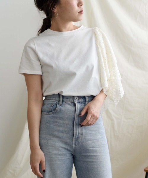 LHELBIE(レルビエ)の「【Made in Japan】 レースアシメカットトップス(Tシャツ/カットソー・レディース・ブラック/オフホワイト/イエロー・M)」の5枚目の写真