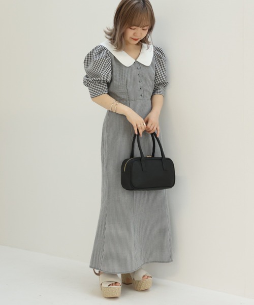 one after another NICE CLAUP（ワンアフターアナザーナイスクラップ）の「【Web限定】衿つきチューリップワンピース（ワンピース・レディース・ブラック/ミント/チェック・FREE）」の3枚目の写真