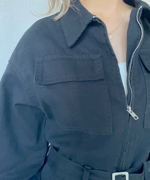 SHAGGIE（シャギー）の「ベルト付きミリタリーデニムジャンプスーツ（サロペット/オーバーオール・レディース・ブラック/ベージュ・FREE）」の9枚目の写真