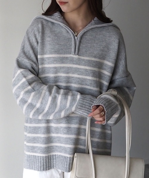 Riberry(リベリー)の「ボーダージップニットプルオーバー(ニット/セーター・レディース・ベージュ/オフホワイト/杢グレー・MEDIUM)」の3枚目の写真