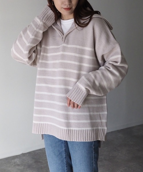 Riberry(リベリー)の「ボーダージップニットプルオーバー(ニット/セーター・レディース・ベージュ/オフホワイト/杢グレー・MEDIUM)」の16枚目の写真