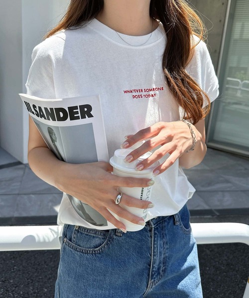 美品 ドゥロワー 16G天竺編みクルーフレンチスリーブニット ロゴ刺繍 ネイビー andme（アンドミー） tシャツ コットン天竺エンブロイダリーロゴ