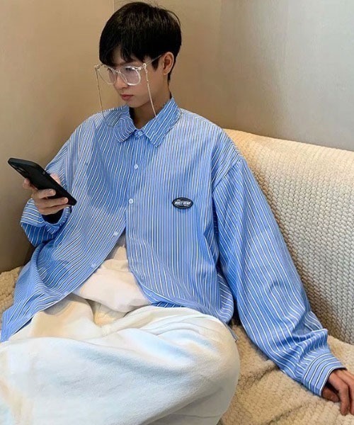 Mayree（メイリー）の「【MayreeMEN'S】ワンポイント シンプルストライプシャツ（シャツ/ブラウス・メンズ・ベージュ/グレー/ブルー/グリーン・MEDIUM/LARGE/X-LARGE）」の4枚目の写真