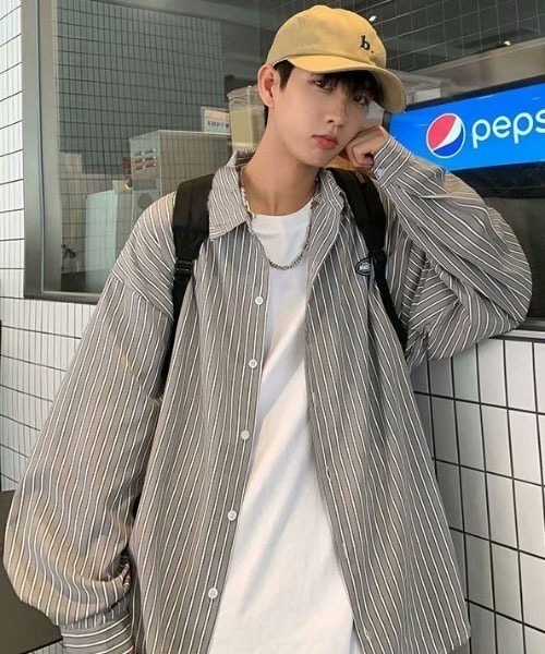 Mayree（メイリー）の「【MayreeMEN'S】ワンポイント シンプルストライプシャツ（シャツ/ブラウス・メンズ・ベージュ/グレー/ブルー/グリーン・MEDIUM/LARGE/X-LARGE）」の5枚目の写真