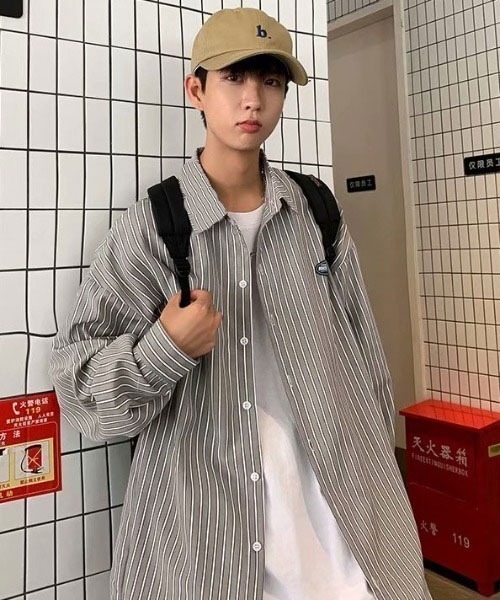 Mayree（メイリー）の「【MayreeMEN'S】ワンポイント シンプルストライプシャツ（シャツ/ブラウス・メンズ・ベージュ/グレー/ブルー/グリーン・MEDIUM/LARGE/X-LARGE）」の6枚目の写真