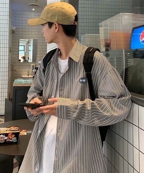 Mayree（メイリー）の「【MayreeMEN'S】ワンポイント シンプルストライプシャツ（シャツ/ブラウス・メンズ・ベージュ/グレー/ブルー/グリーン・MEDIUM/LARGE/X-LARGE）」の7枚目の写真