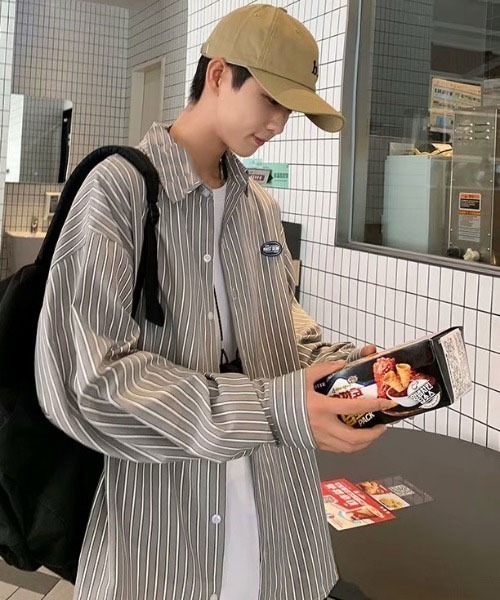 Mayree（メイリー）の「【MayreeMEN'S】ワンポイント シンプルストライプシャツ（シャツ/ブラウス・メンズ・ベージュ/グレー/ブルー/グリーン・MEDIUM/LARGE/X-LARGE）」の9枚目の写真