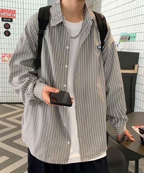 Mayree（メイリー）の「【MayreeMEN'S】ワンポイント シンプルストライプシャツ（シャツ/ブラウス・メンズ・ベージュ/グレー/ブルー/グリーン・MEDIUM/LARGE/X-LARGE）」の11枚目の写真