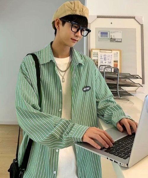 Mayree（メイリー）の「【MayreeMEN'S】ワンポイント シンプルストライプシャツ（シャツ/ブラウス・メンズ・ベージュ/グレー/ブルー/グリーン・MEDIUM/LARGE/X-LARGE）」の13枚目の写真