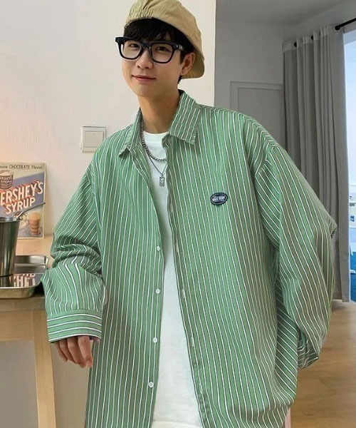 Mayree（メイリー）の「【MayreeMEN'S】ワンポイント シンプルストライプシャツ（シャツ/ブラウス・メンズ・ベージュ/グレー/ブルー/グリーン・MEDIUM/LARGE/X-LARGE）」の14枚目の写真