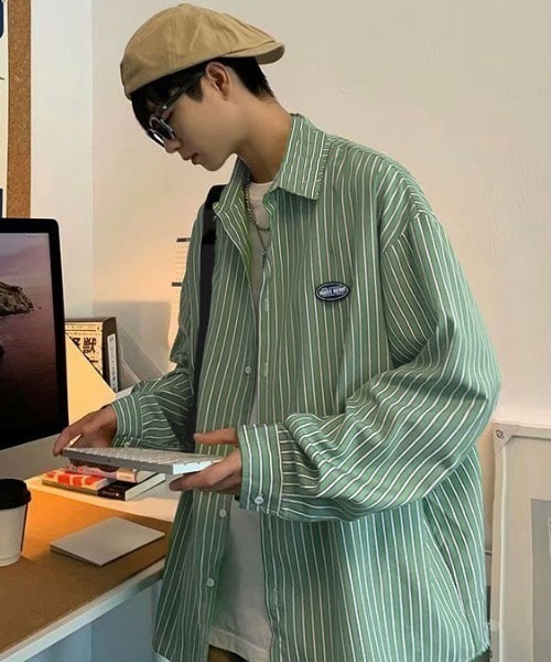 Mayree（メイリー）の「【MayreeMEN'S】ワンポイント シンプルストライプシャツ（シャツ/ブラウス・メンズ・ベージュ/グレー/ブルー/グリーン・MEDIUM/LARGE/X-LARGE）」の15枚目の写真