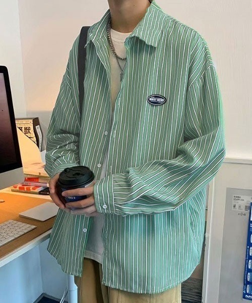 Mayree（メイリー）の「【MayreeMEN'S】ワンポイント シンプルストライプシャツ（シャツ/ブラウス・メンズ・ベージュ/グレー/ブルー/グリーン・MEDIUM/LARGE/X-LARGE）」の16枚目の写真