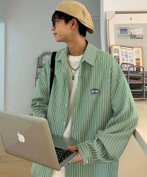 Mayree（メイリー）の「【MayreeMEN'S】ワンポイント シンプルストライプシャツ（シャツ/ブラウス・メンズ・ベージュ/グレー/ブルー/グリーン・MEDIUM/LARGE/X-LARGE）」の17枚目の写真