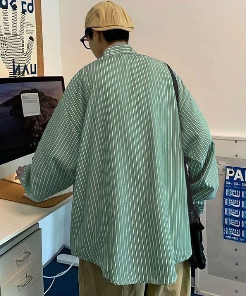 Mayree（メイリー）の「【MayreeMEN'S】ワンポイント シンプルストライプシャツ（シャツ/ブラウス・メンズ・ベージュ/グレー/ブルー/グリーン・MEDIUM/LARGE/X-LARGE）」の22枚目の写真
