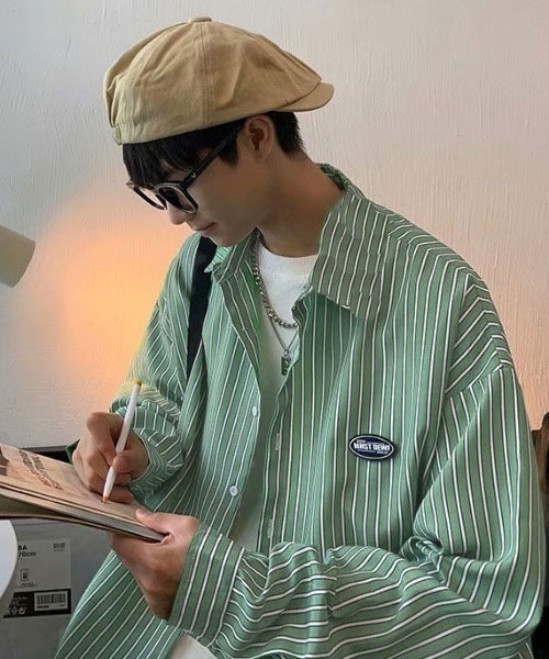 Mayree（メイリー）の「【MayreeMEN'S】ワンポイント シンプルストライプシャツ（シャツ/ブラウス・メンズ・ベージュ/グレー/ブルー/グリーン・MEDIUM/LARGE/X-LARGE）」の19枚目の写真