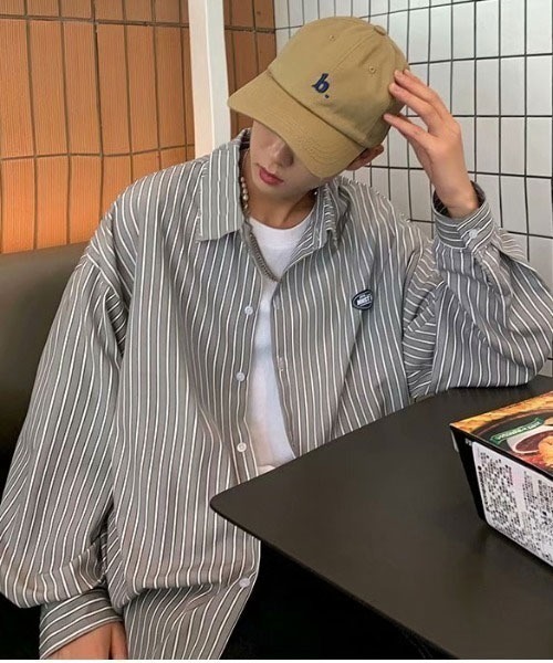 Mayree（メイリー）の「【MayreeMEN'S】ワンポイント シンプルストライプシャツ（シャツ/ブラウス・メンズ・ベージュ/グレー/ブルー/グリーン・MEDIUM/LARGE/X-LARGE）」の8枚目の写真