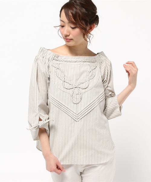 Language(ランゲージ)の「【Language】 編みこみオフショルプルオーバー(シャツ/ブラウス・レディース・ホワイト系/ベージュ系/ダルブルー系・38)」の3枚目の写真