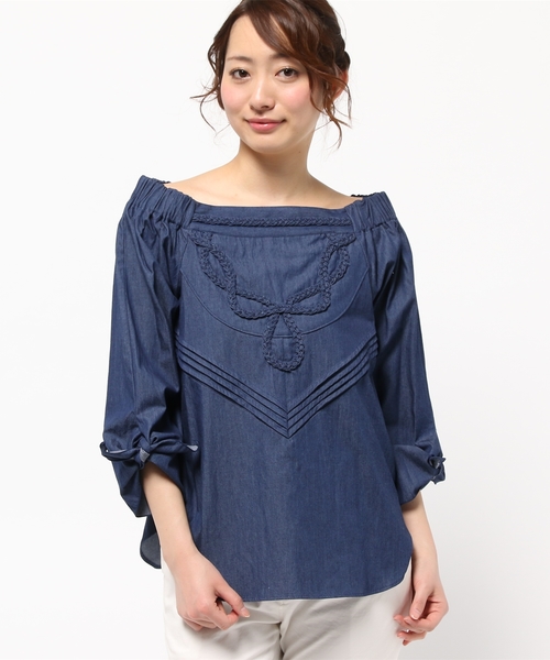 Language(ランゲージ)の「【Language】 編みこみオフショルプルオーバー(シャツ/ブラウス・レディース・ホワイト系/ベージュ系/ダルブルー系・38)」の1枚目の写真