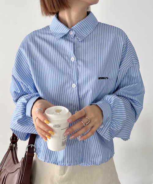 セール】ミニ刺繍ロゴショート丈ストライプシャツ（シャツ